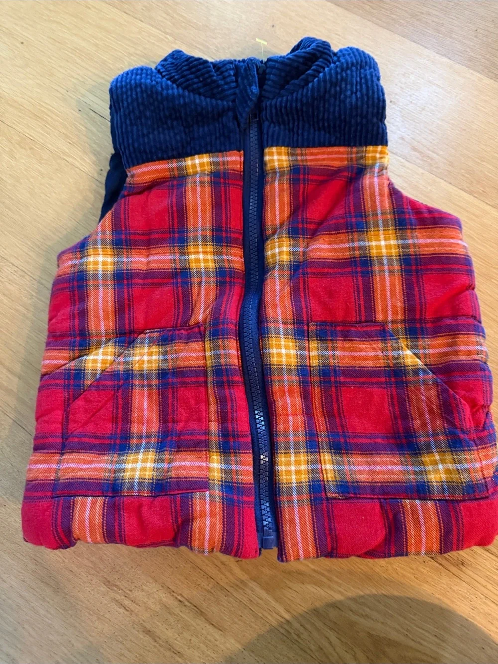 Tahari Red Plaid Puffer Vest with Navy Corduroy Collar